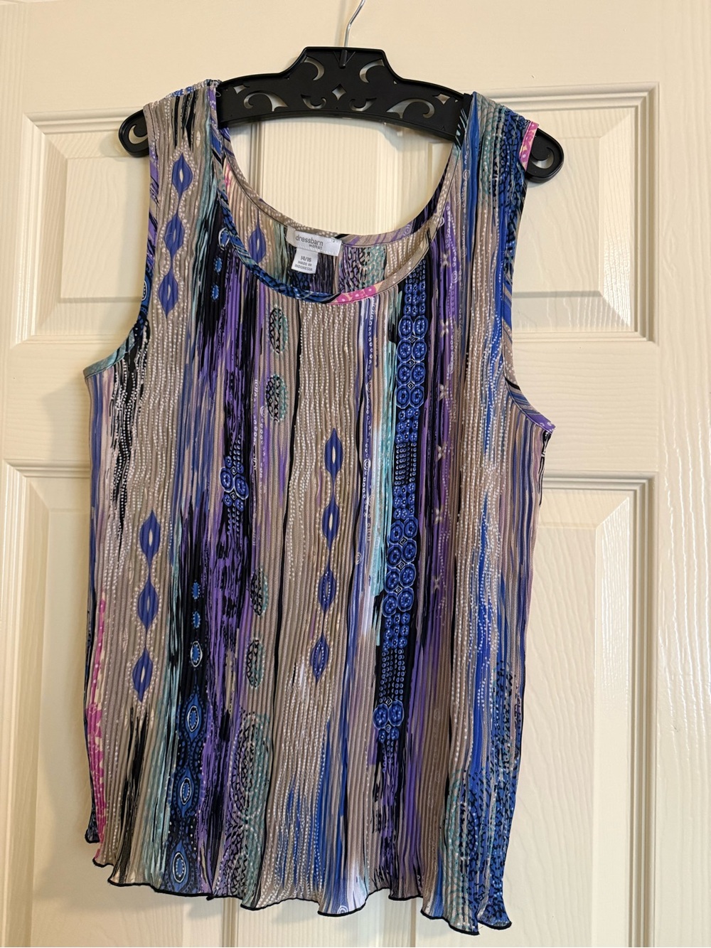 dressbarn Multicolor Vertical Print Pleated Sleeveless Top - Blue & Purple